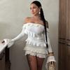 White Ruffle Bandage Mini Dress Women'S Off Shoulder Pleated Party Dress Strapless Long Sleeve Patchwork Mini Dress