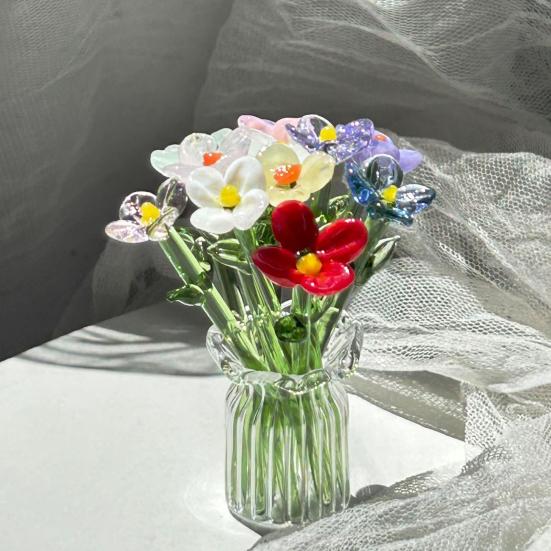 Hand Blown Mini Glass Flower Figurine Collectible Miniature Faux Crystal Flower Ornaments for Mothers Day Birthday Table Centerpiece DIY Craft