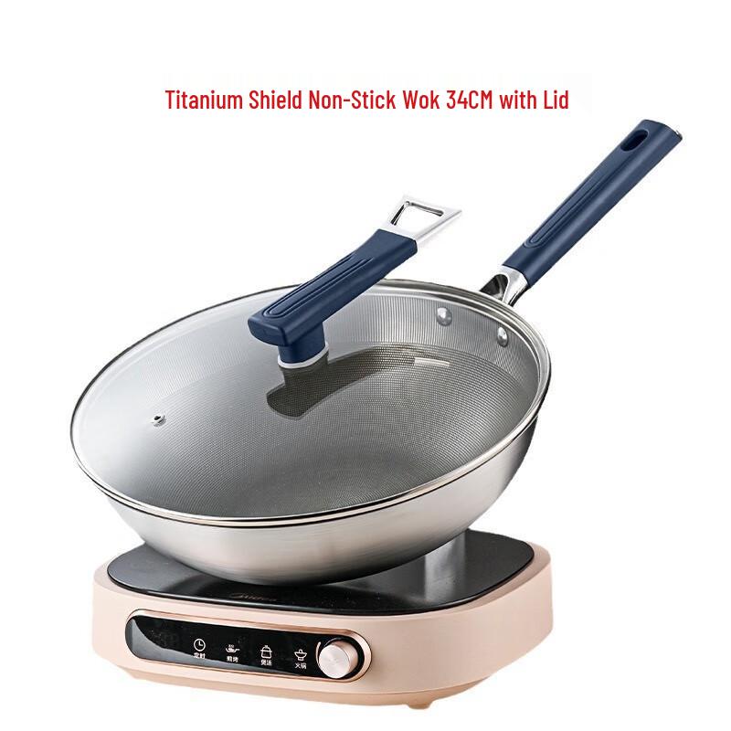 Titanium Shield 34CM Stainless Steel Non-stick Wok with Lid