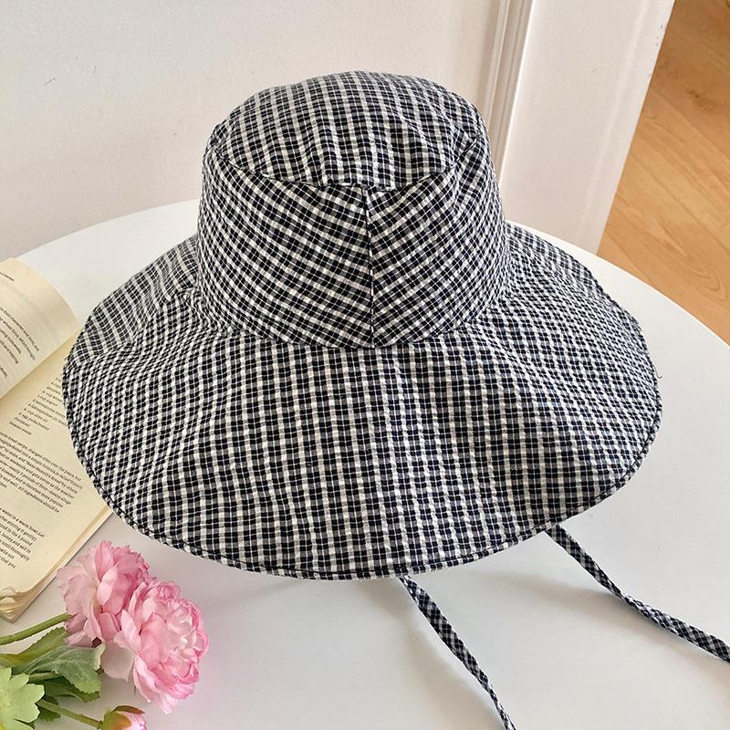 ins thousand birds plaid large brim bucket hat women's spring and summer niche design small sunshade sunscreen hat