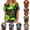 Women's Casual Short Sleeve Linen Cotton Blend Henley Shirt with Chest Pocket Halloween Themed Graphic Print