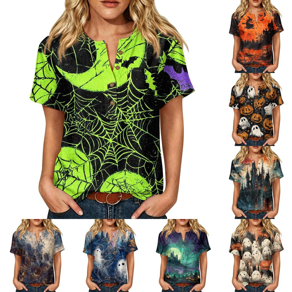 Women's Casual Short Sleeve Linen Cotton Blend Henley Shirt with Chest Pocket Halloween Themed Graphic Print