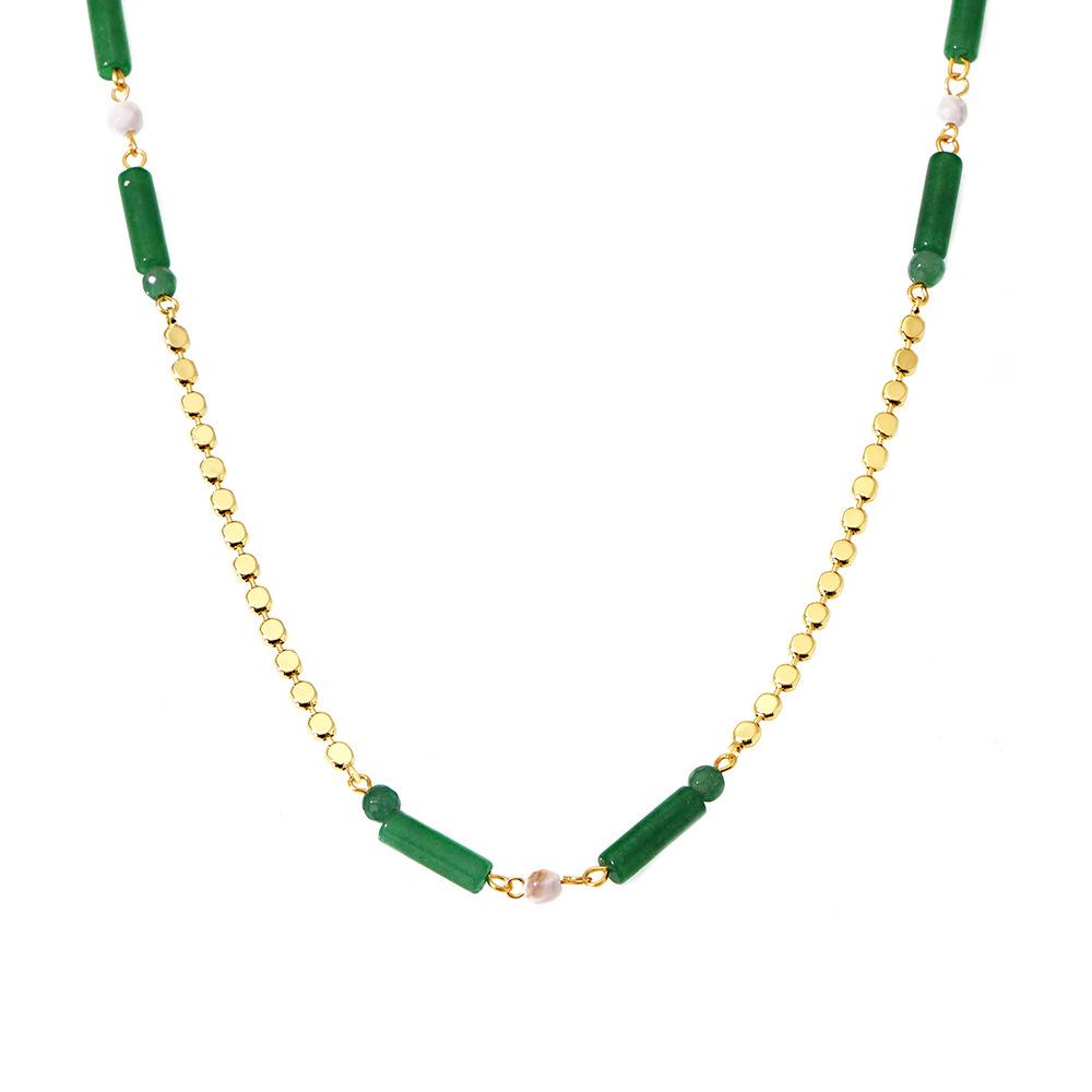 Collier Bambou Pierre Dongling Verte Qiong Yao: Chaîne de clavicule élégante et polyvalente en acier inoxydable pour femmes