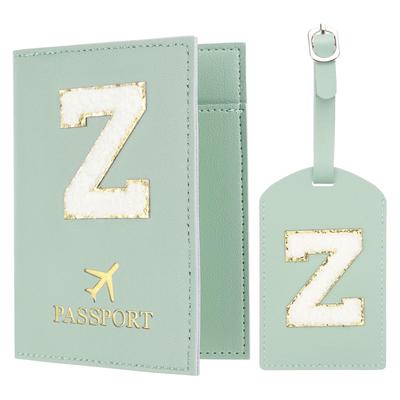 Travel Passport Luggage Tag Set with Initial Passport Cover and Alphabet Chenille Letter Travel Wallet Bag Suitcase Identifier for Women and Family