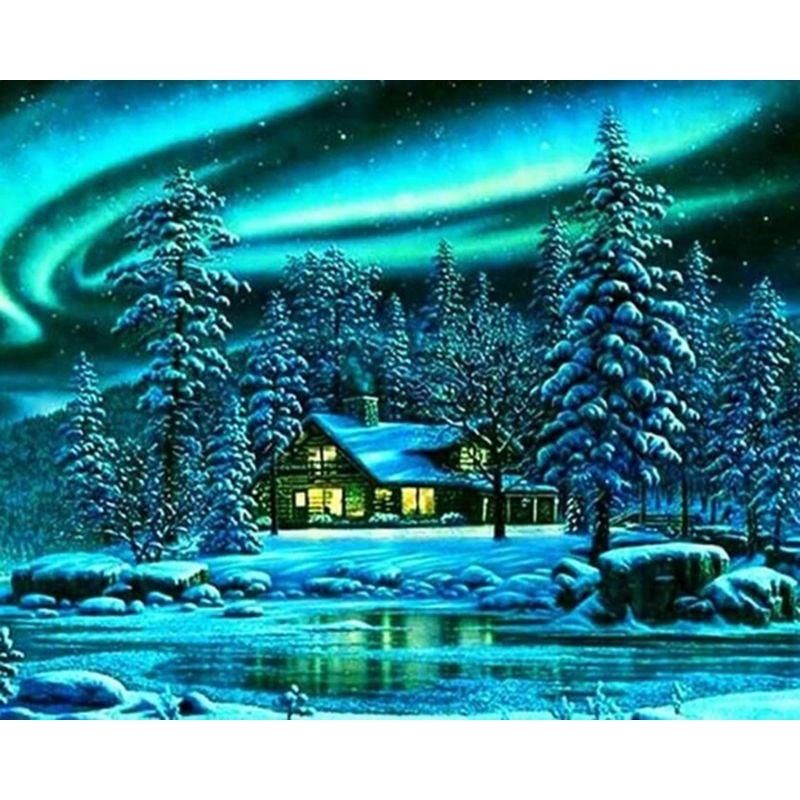 Full Round Diamond Painting Handmade Winter Scenery Cross Stitch 5d Diamond Embroidery House Landscape Decor