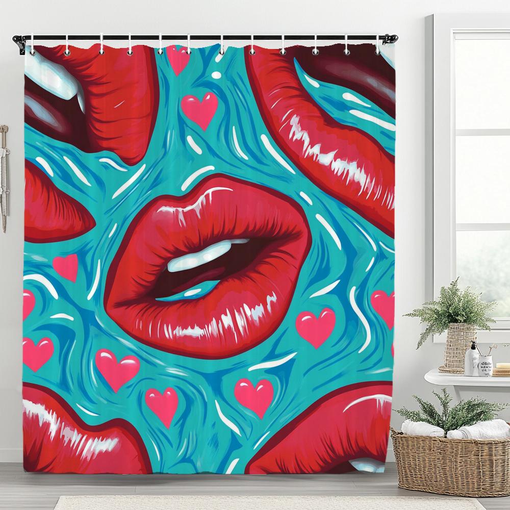 Modern Red Love Pattern Shower Curtain,Lover Printed Polyester Fabric Decorative Bathroom Curtain, Home Curtain with Hooks