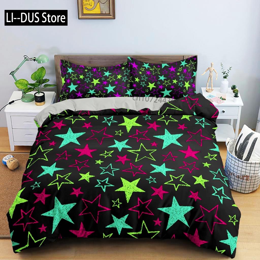 Juego de Funda Nórdica de Estrellas Coloridas Microfibra Estrellas Amarillas Rosas Juego de Cama Suave Tamaño Individual King Queen Twin 2/3 piezas Funda de Edredón