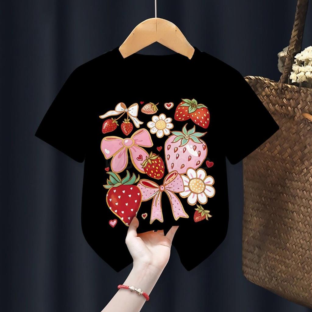 Summer Strawberry Printed Sweet Cute ShortSleeved Childrens Casual Sportswear Tshirt Polyester Fabric Kids Girls Clothes