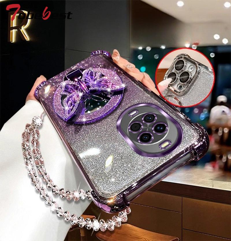 Glitter Butterfly Mirror Crystal Bracelet Case For Huawei Nova 14 Ultra 13 12 11 10 9 8 7 SE Pro Shockproof Plating Cover