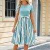 Women's Fashion Round Neck Splicing Printed Short Sleeve Hem Loose Dresses