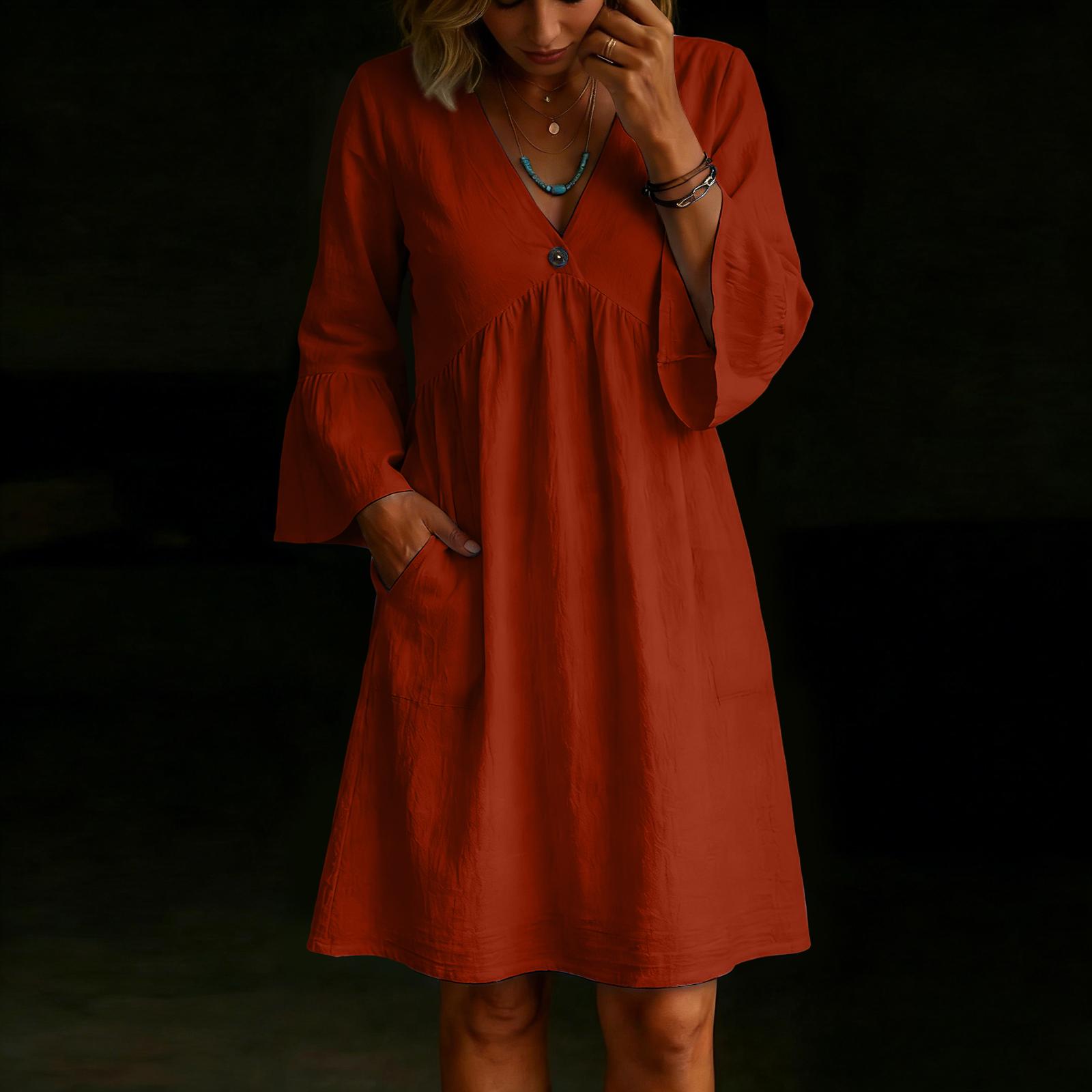 

Women s Fashionable Color Loose Button V-neck Long Sleeved Loose Dress L красный