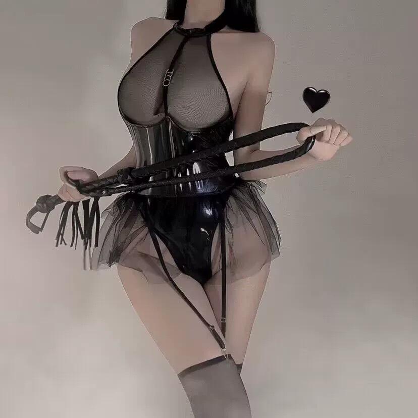 PU Patent Leather Mesh Halter Neck Garter Bodysuit with Puff Skirt Lingerie F756