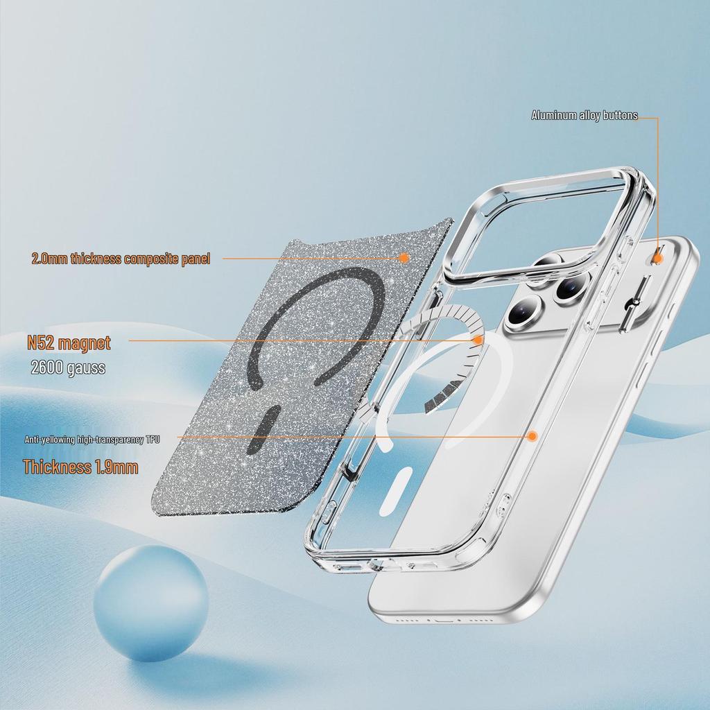 Custodia protettiva magnetica glitterata per iPhone 17 Pro Max con pulsanti in lega di alluminio