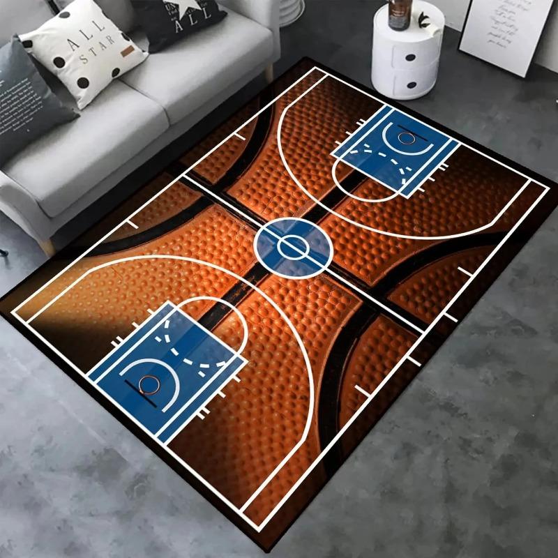 Basketballbane Design Tæppe Blå Orange Rød Farve Skridsikker Gulvmåtte til Sports Tema Værelse Boligindretning Tæppe