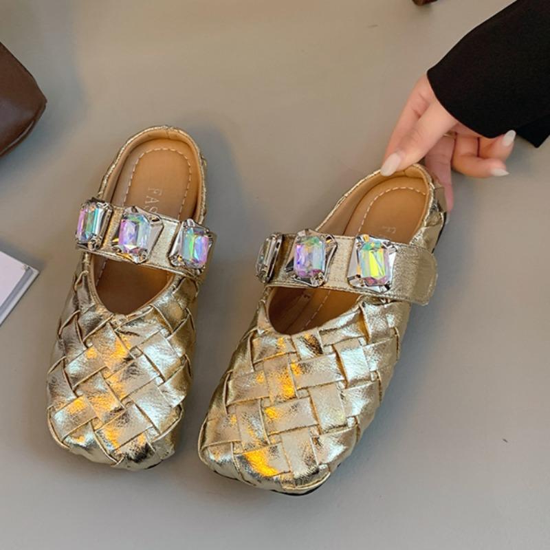 Fashion Spring New Baotou Slippers Square Head Shallow Mouth Braided with Glitter Soft Sole Anti-slip Wear-resistant Flat Shoes