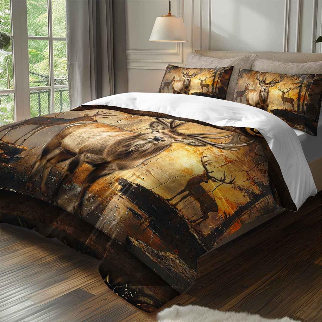 3pcs Elk Deer Bedding Set - Rustic Brown/Beige/Golden Forest Animal Bedspread with Elk & Stag Design, Brushed Soft Bedspread