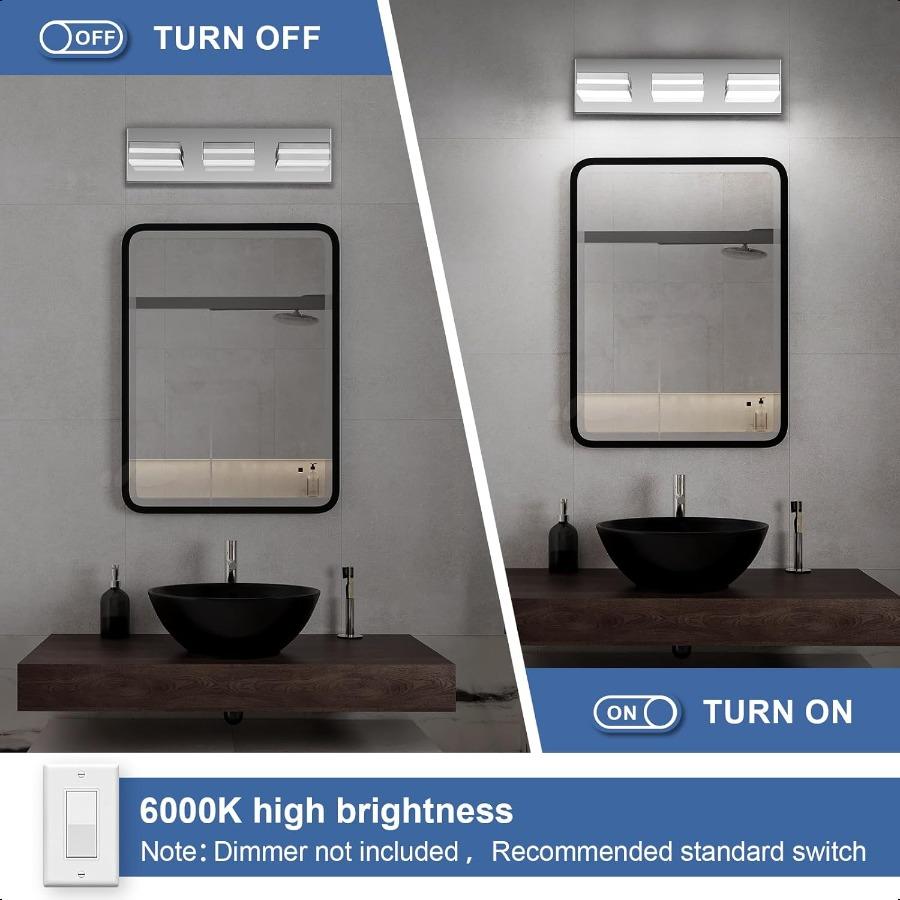 Modern LED Bathroom Lights Fixtures 3Light Metal Chrome Acrylic Wall Lighting Vanity Lights for Bathroom Over Mirror(6000k 16In
