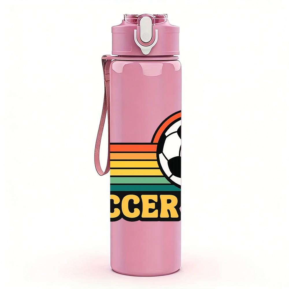 1PC Retro Striped Soccer Logo Print 750ml Color Plastic Sports Water Bottle Leakproof Flip Straw Lid Suitable for Sports Office Home Use