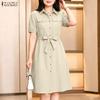 ZANZEA Women Casual Turn Down Collar Solid Color Short Sleeve Dress