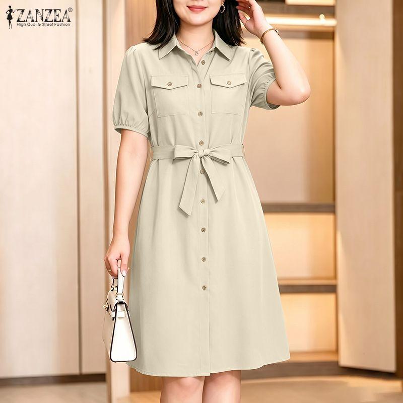 ZANZEA Women Casual Turn Down Collar Solid Color Short Sleeve Dress