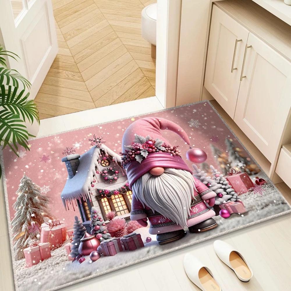 Weihnachtswichtel Schneemann Baum Muster Fußmatte Rosa und Blaue Farbgebung Rutschfeste Eingangsteppich für Wohnzimmer Schlafzimmer Dekoration