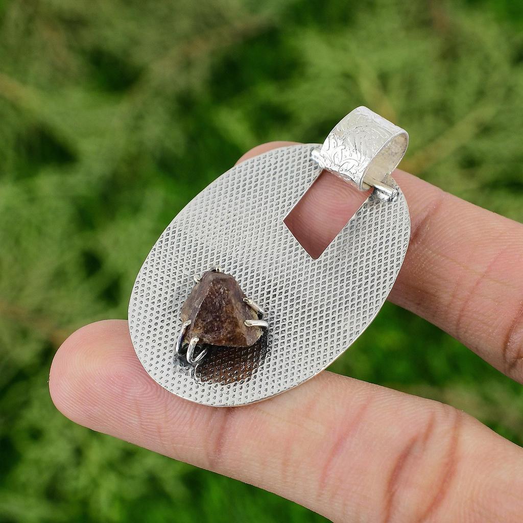 Daughters Day Sale Smoky Quartz Rough Stone 925 Sterling Silver Pendant Jewelry