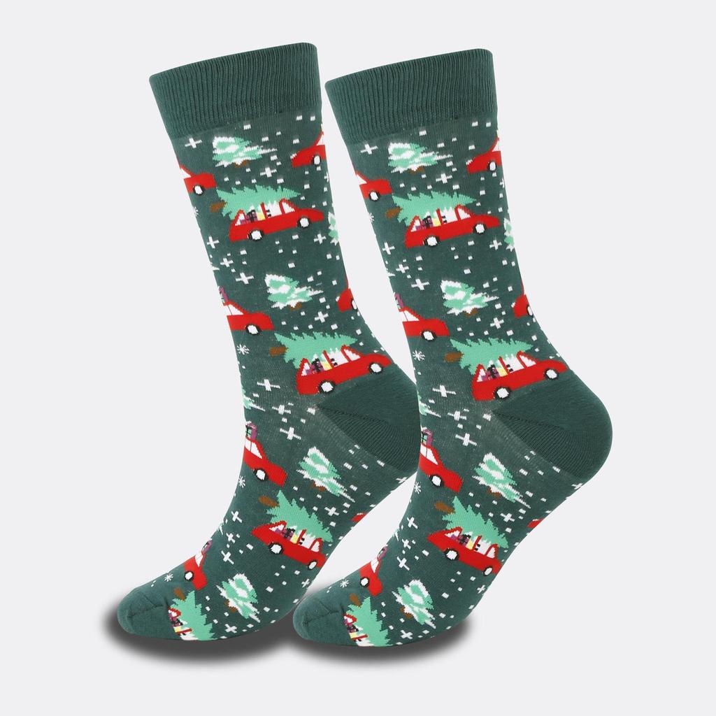 "Trendy Colorful Men's Socks: Medium/High Tube, Large Christmas Elements, Casual Cotton."