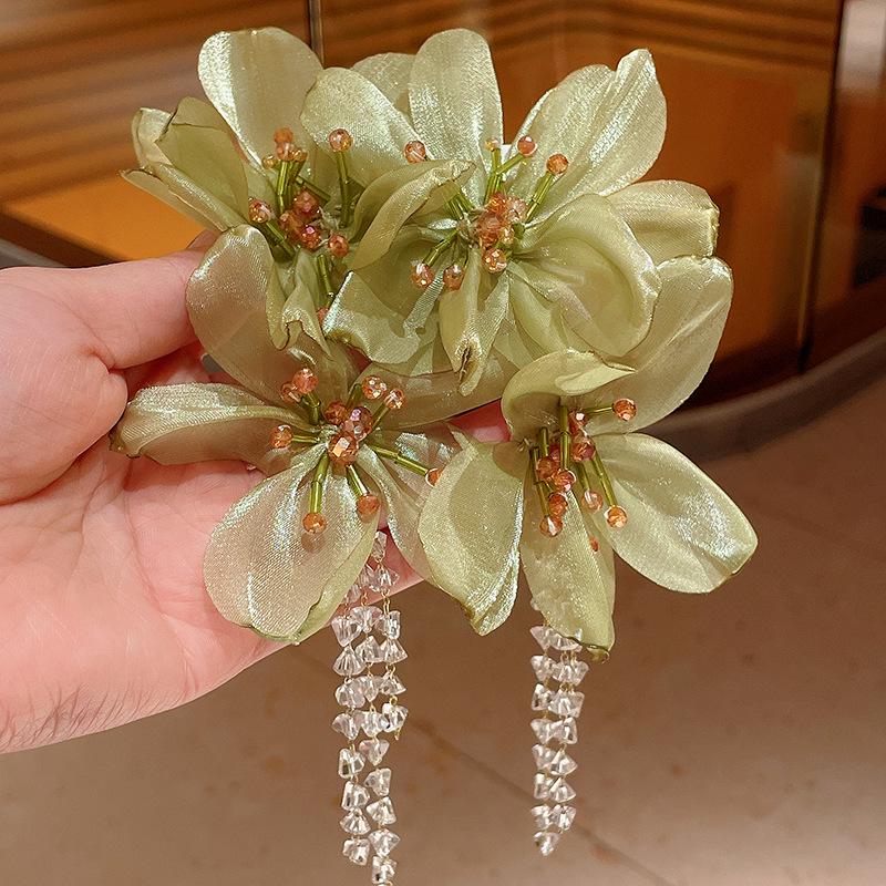 Silver Needle Crystal Tassel Flower Mesh Earrings - Elegant Niche Dangle for Women