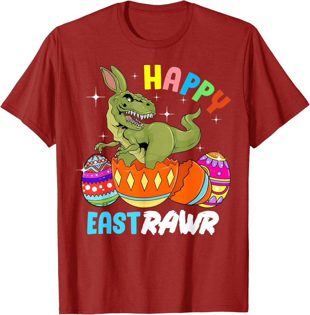 Happy Eastrawr Dinosaur Bunny Easter Egg Graphic Tee Cool Men's Casual Cotton T-Shirt