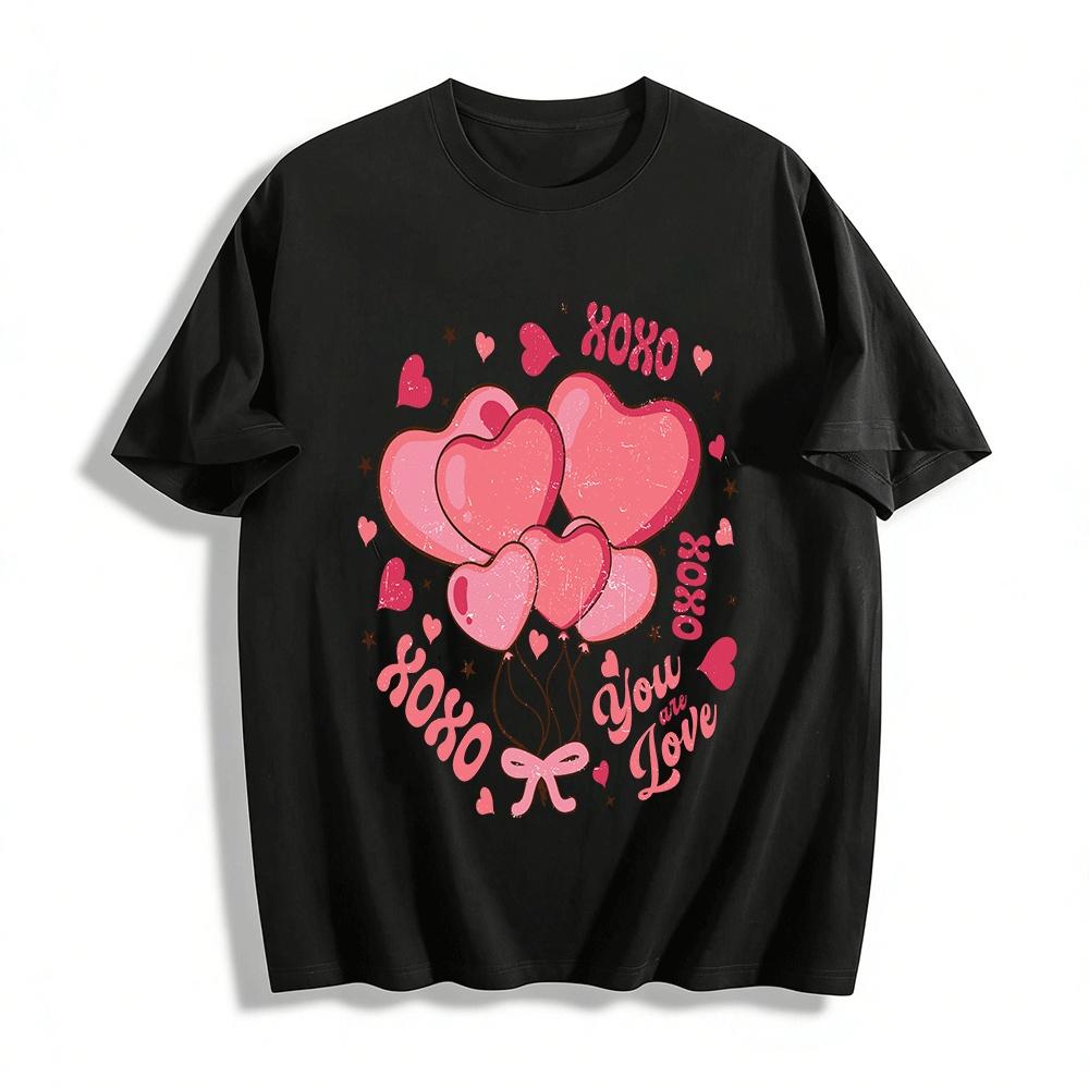 Valentine s Day XOXO Heart Balloon Print Casual Versatile T-Shirt Pure cotton T-shirt XXS