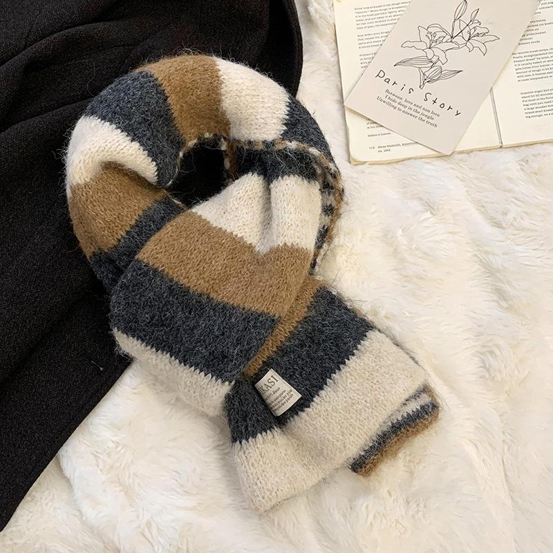 Scarf autumn and winter new college style contrasting color striped wool knitted scarf warm scarf versatile shawl