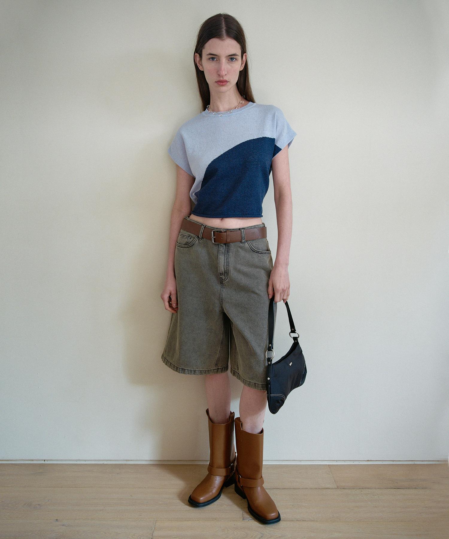 Enor Two Tone Drawstring Knit Top - Blue Blue