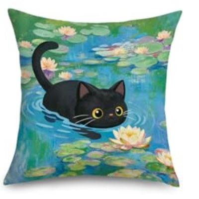 

1/4pcs Cute Black Cat Art Throw Pillow Covers Floral Garden Starry Night Water Lily Cushion Cases Cushion cover 45x45cm-1pcs