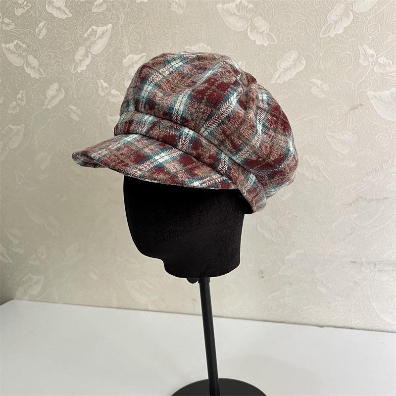 Retro Plaid Forward Hat Female Autumn and Winter Versatile Face Small Painter Newsboy Hat Big Head Circumference Anti-wearing Beret