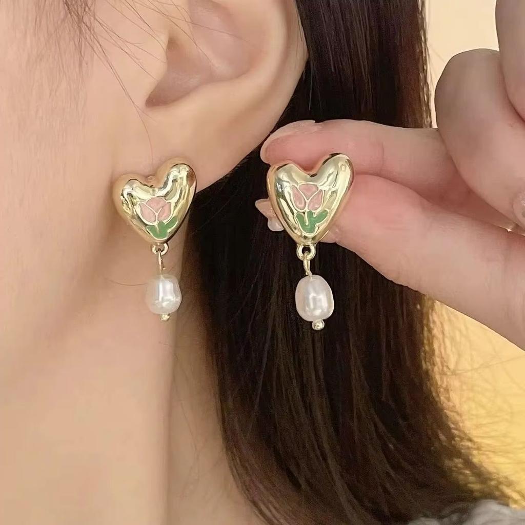 Sweet Pink Tulip Flower Heart Stud Earrings For Women Korean Fashion Imitation Pearl Dangle Earring Jewelry Brincos