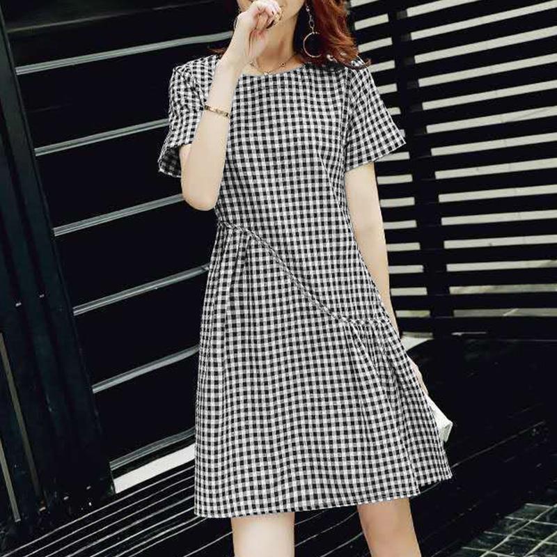 

ZANZEA Женское повседневное летнее платье с круглым вырезом и принтом в клетку, с короткими рукавами S чёрный