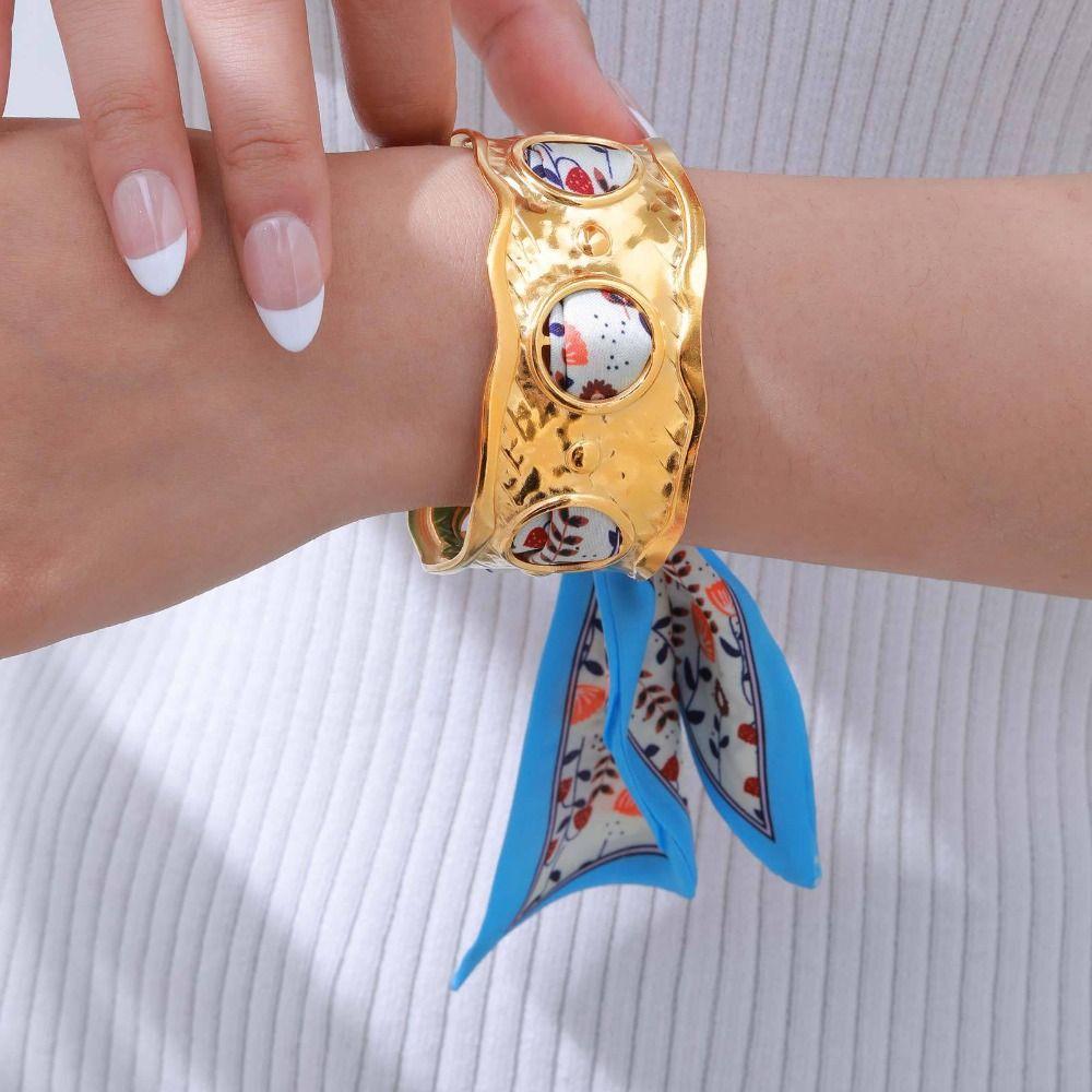 Luxury Silk Scarf Open Bracelets Retro Exaggerated Bracelet Elegant Golden Metal Bracelet  Women