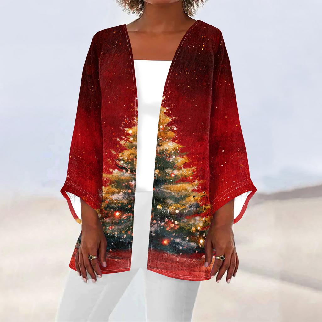 Women's Casual And Fashionable Christmas Printed Lightweight Mid Length Jacket Cardigan