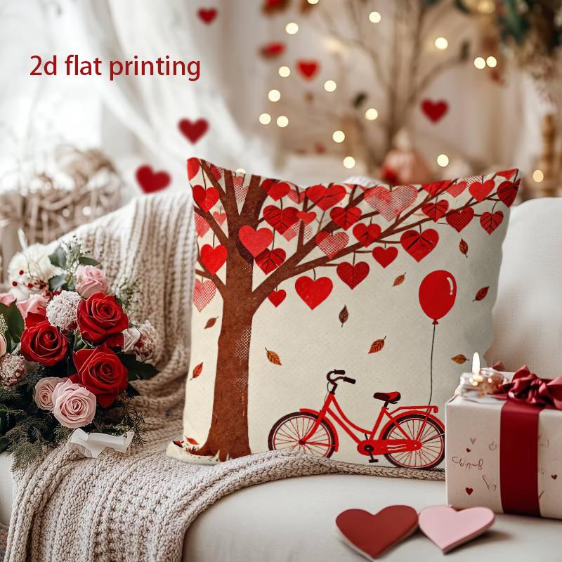 Heart Tree & Bike Pillow Cover for Valentine's Charm Pattern Cushion Cover Suitable for Sofa Bedroom Car Pillow Cover