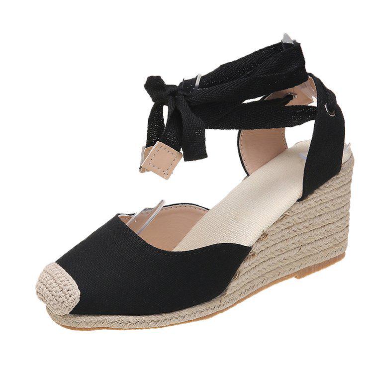 European & American Snakeskin Pattern Jute Wedge Women's Closed-Toe Backless Summer Sandals, Plus Size High Heel Shoes