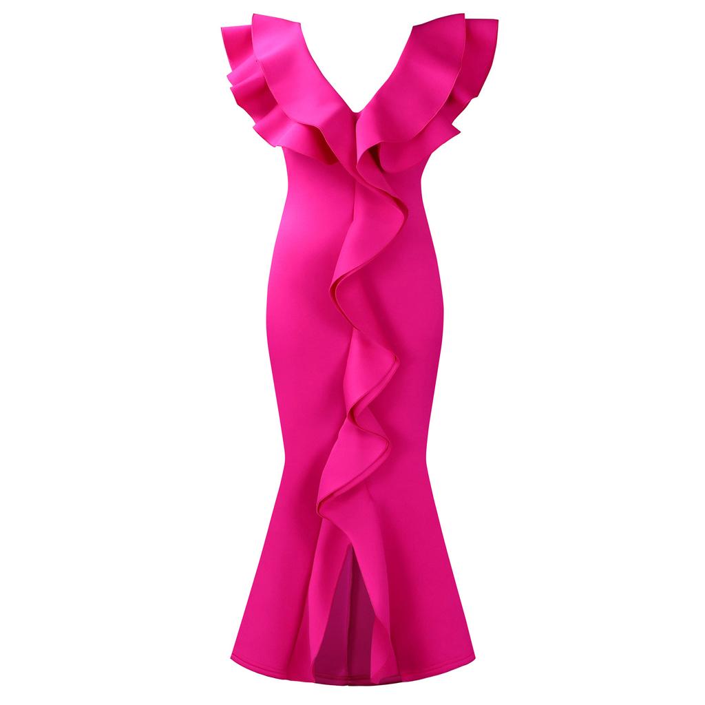 C8634 European and American Cross-border Fashion Women's Clothing Amazon Summer Dress Solid Color V-neck Ruffle Edge Split Harpoon Tail Skirt Long 