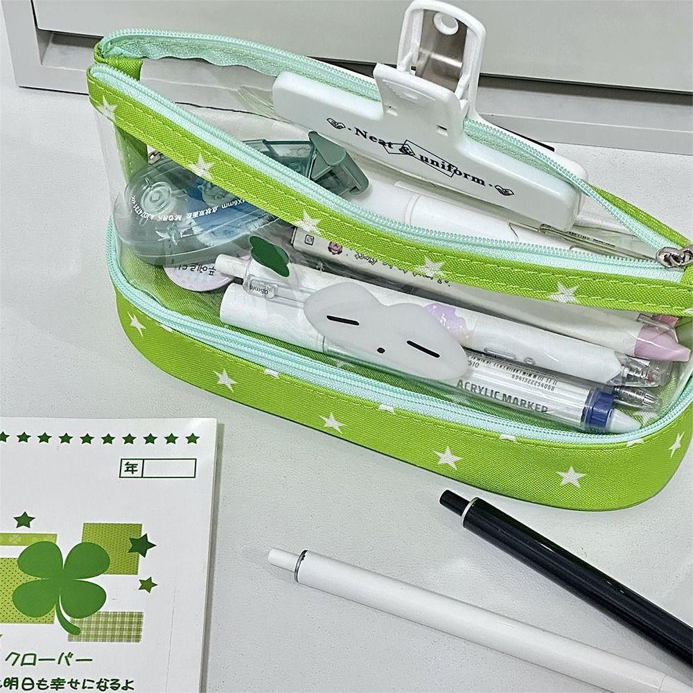 Durable Transparent Pen Bag Star Kitten Pattern Double Layers Pencil Case Vertical Base Stationery Organizer Students