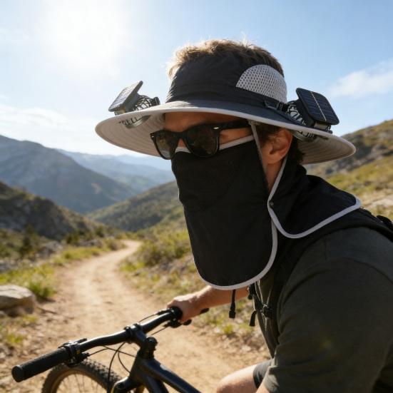 Solar-Ventilator-Hut mit Gesichtsschutz Nackenschutz UV-Schutz Hut mit Solar-Ventilator Wiederaufladbar Atmungsaktiv Herren Sommer Outdoor Angeln Breiter Rand Eimerhut