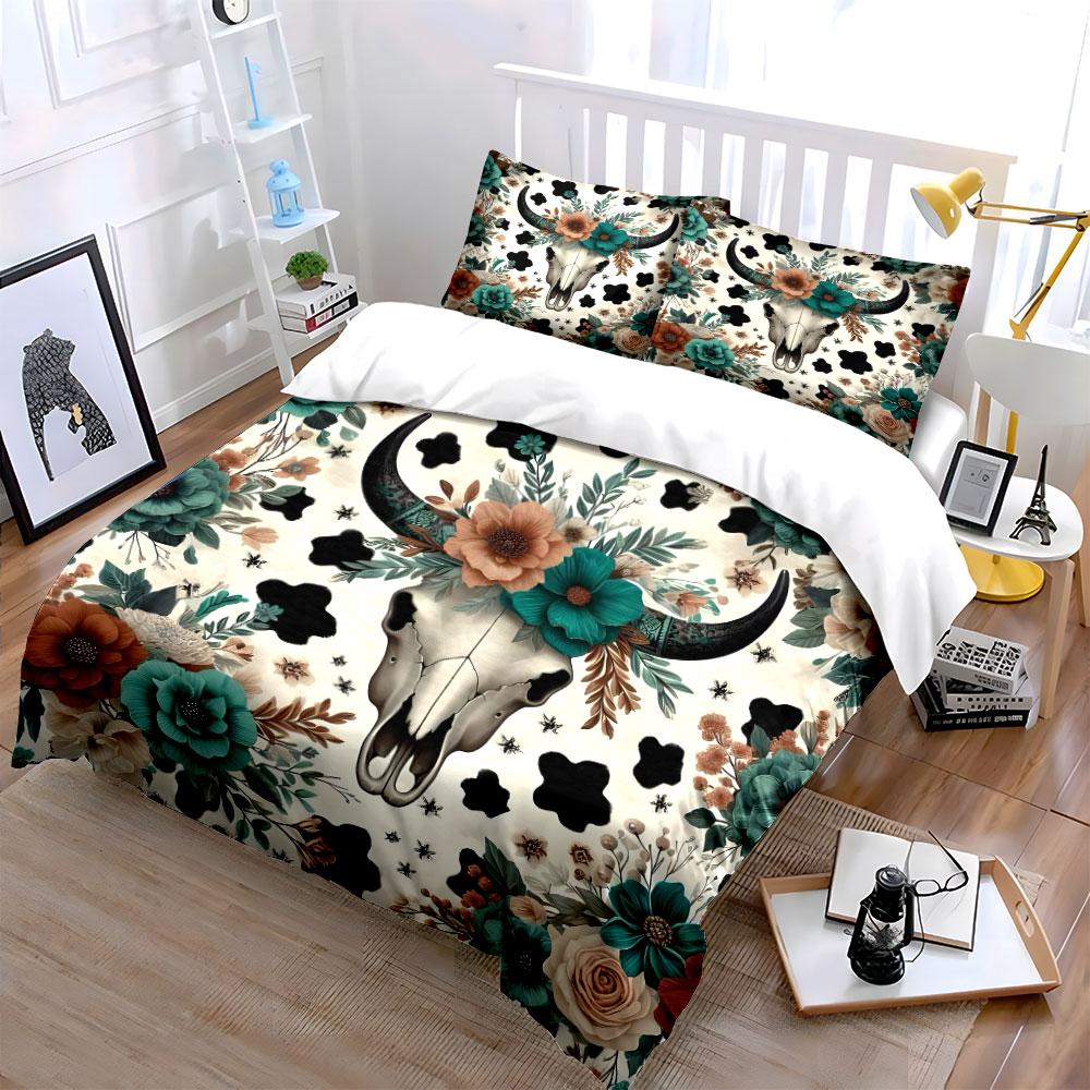 Floral Skull Western Decor Set Exquisite Three-Piece Bedding Set Gift For Kids And Adults
