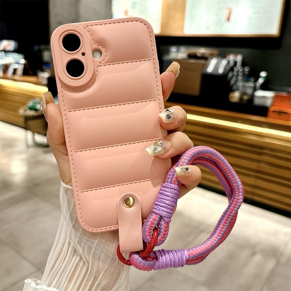 Down Jacket Hand Wrist Strap Case for For Iphone 16 1 14 13 Pro Max 12 11 X Xr Xs 7 8 Plus SE Lanyard Solid Color Soft Cover