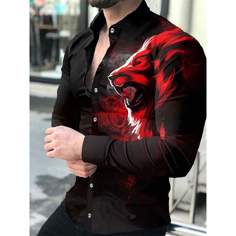 Fashionable Men's Top Shirt Button Lapel Lion Tiger Eagle Animal HD Pattern Soft and Comfortable Material Style