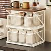 Dust Proof Storage Drawer Coffee Station Organizer with Drawer, Tiered Bar Organizer, Wooden Top Shelf, Pods Holder Wire Mesh Drawers for Tea