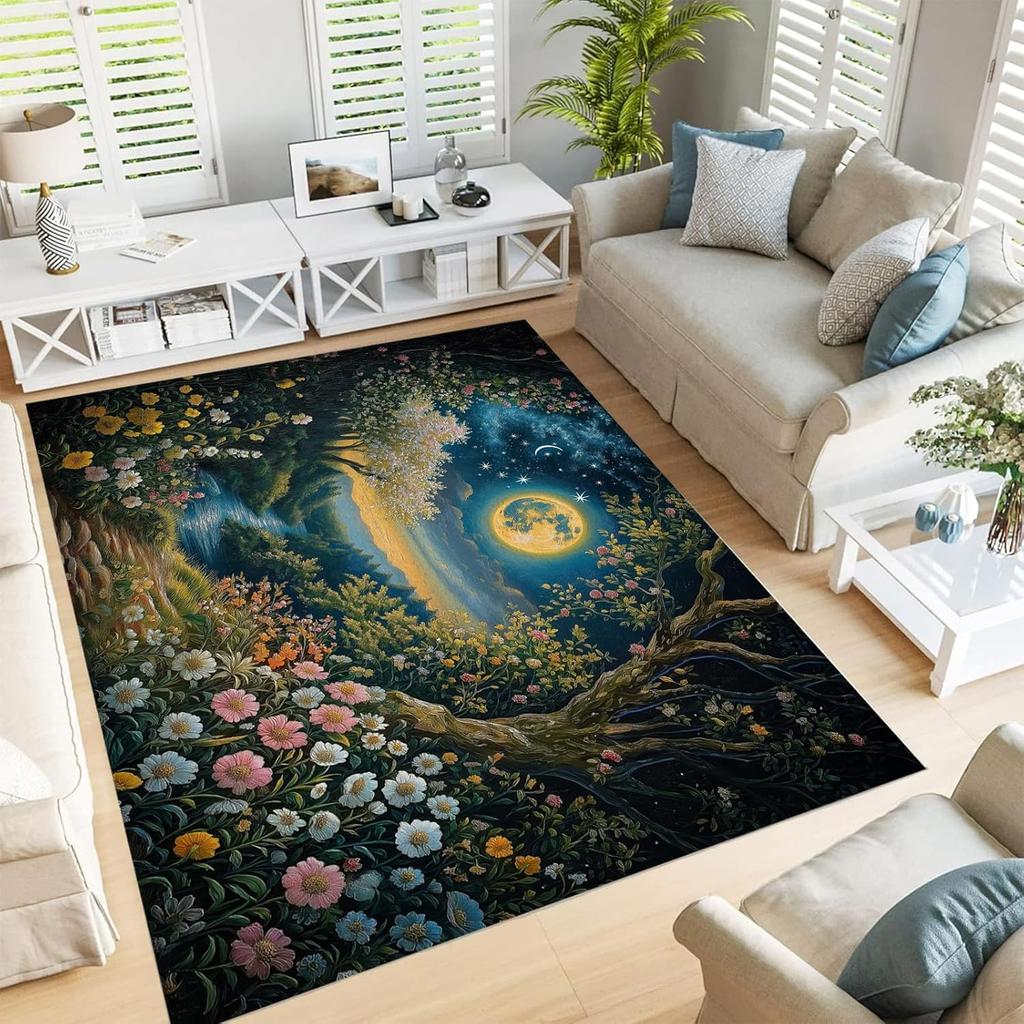 Forest Landscape Painting Area Rug,Flowers Moon Low Pile Machine Washable Rugs Mat for Living Room Bedroom 3D Print Decor Carpet