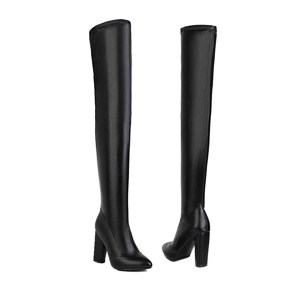 Q/Botas femininas de salto alto, saltos grossos pontudos de cor sólida elegantes, botas grandes na altura do joelho