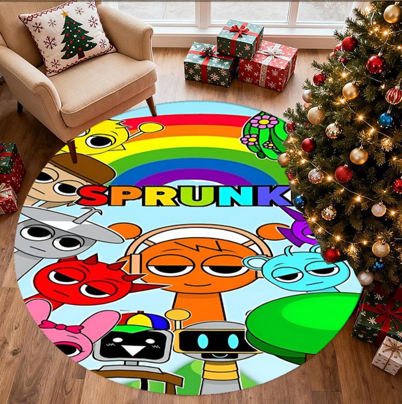 Sprunki Game Pattern Round Rug, Indoor/Outdoor Mat, for Picnic, Gameroom, Bedroom, Office, Living Room, Home Decor Carpet, Birthday Gift